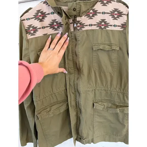 Earthbound Trading Co Aztec Utility Jacket Large Olive Green Military Jacket - Picture 7 of 9